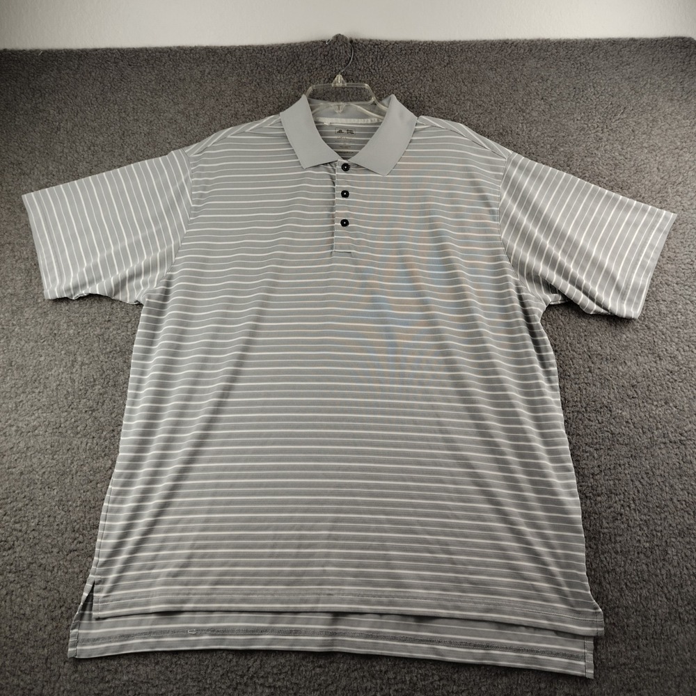 Adidas Polo Shirt Mens XL Climalite Grey Striped Golf Short Sleeve EUC